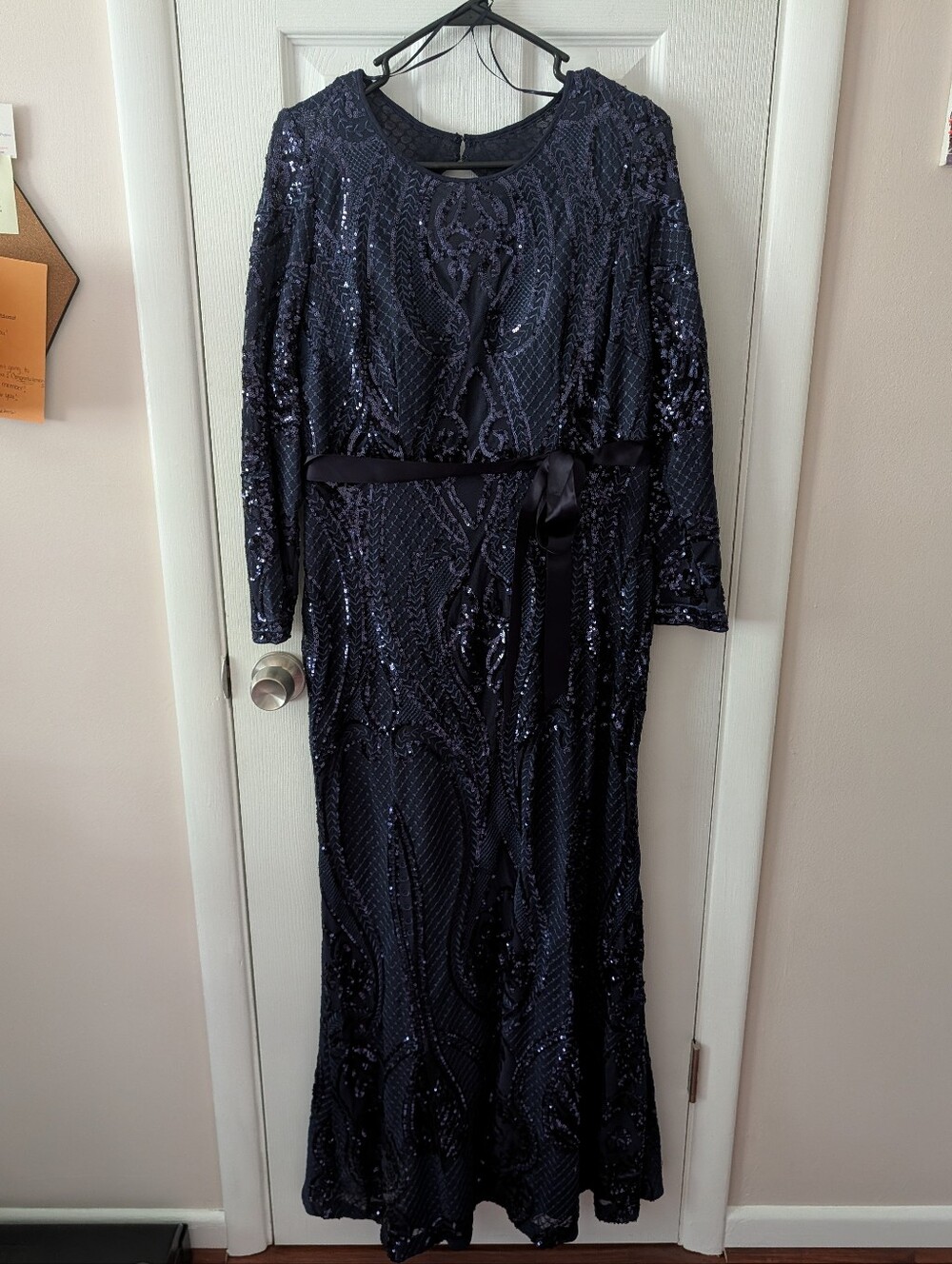 R&M Richards Navy Long Sleeve Sequin Gown with Satin Waist Tie 10 Petite